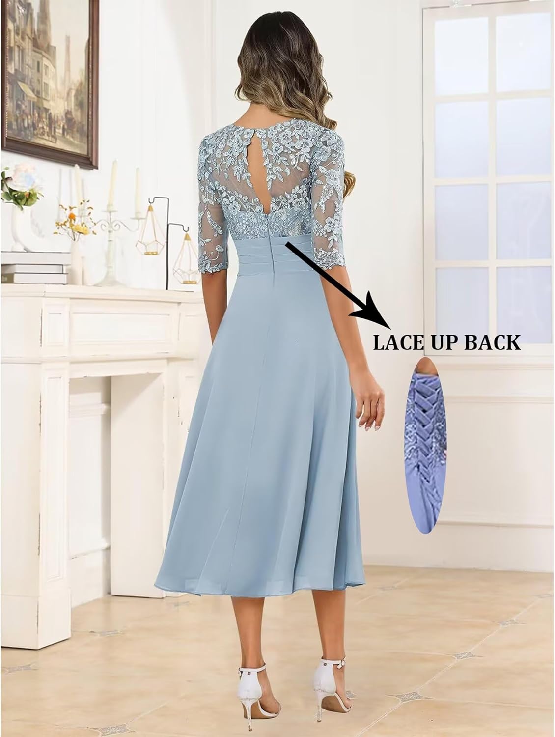 AKLASU Mother of The Bride Dresses Lace Appliques Chiffon Half Sleeve Pleated Tea Length Mother of Groom Dresses for Women