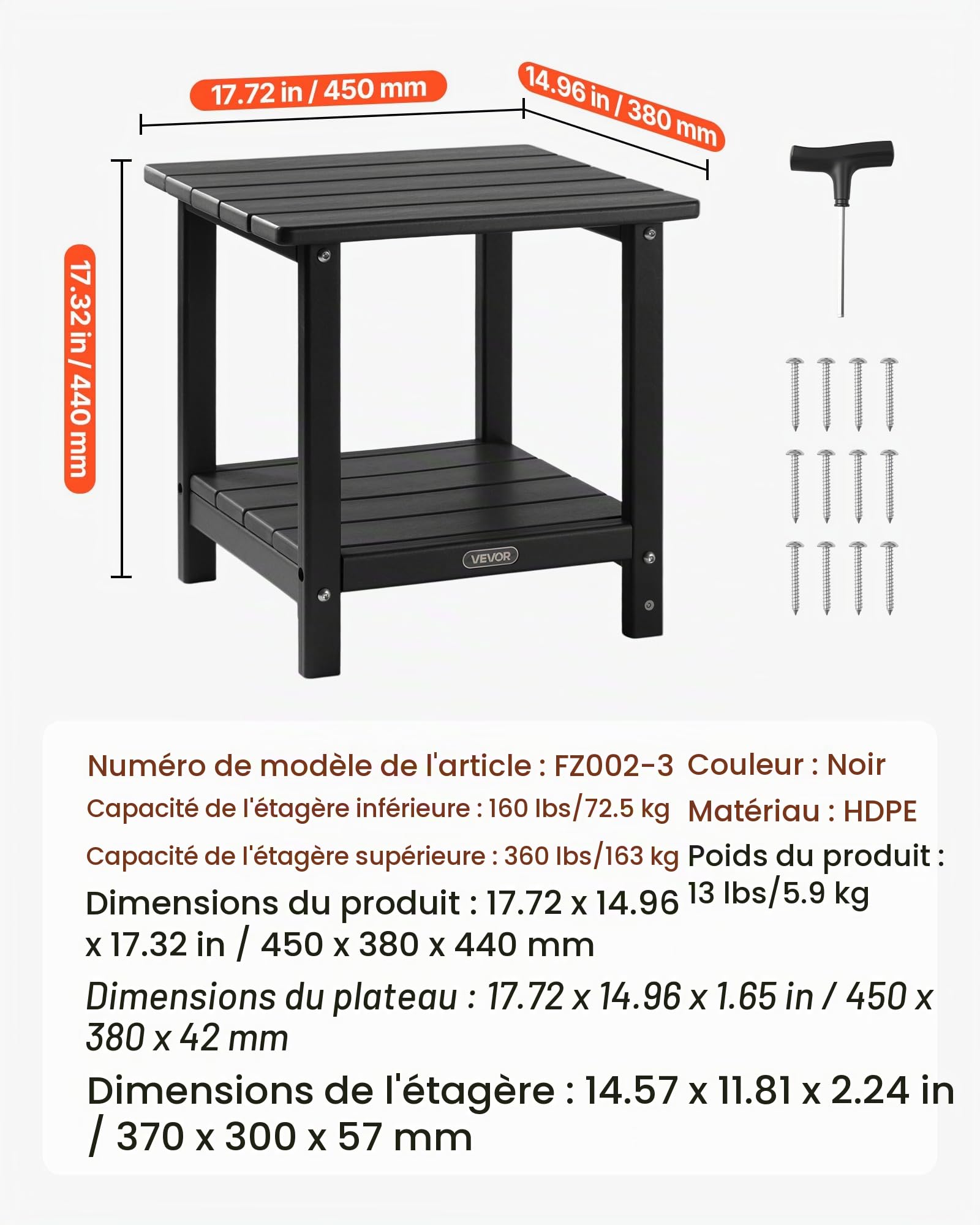 VEVOR Table d'Appoint Extérieur Jardin, 2 Niveaux, 45 x 38 x 44 cm, en PEHD, Entretien Facile, Résiste aux Intempéries, pour Terrasse, Bord de Piscine, Plage, Porche, Patio, Balcon, Intérieur, Noir
