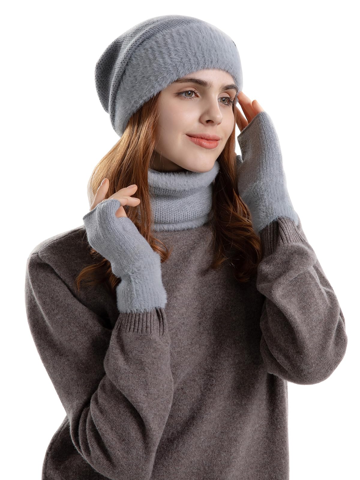 Zestaw czapek i szalików dla kobiet z podszewką polarową, czapka, szalik i rękawiczki, zestaw damski, 3 w 1, termiczna dzianinowa czapka beanie, ocieplacz na szyję, rękawiczki bez palców, dla