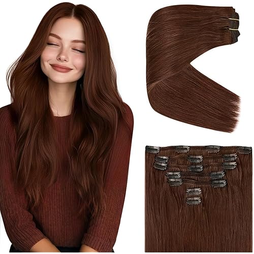 Ve Sunny Human Hair Clip in Extensions Double Weft Dark Auburn Red Remy Hair Extensions for Women Thick Hair Extensions Clip ins Short 7pcs 105g 14 inch