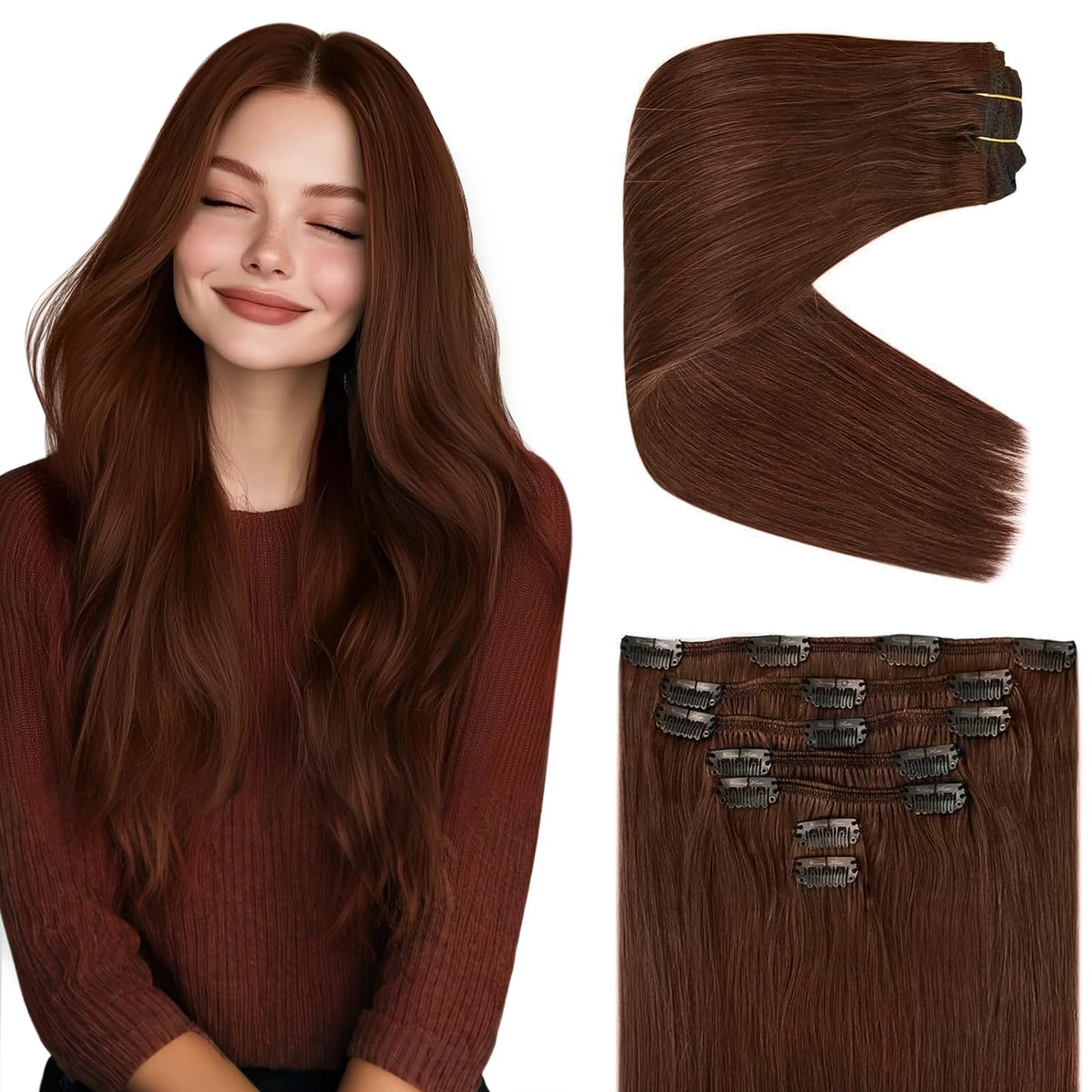 Ve Sunny Clip in Hair Extensions Real Human Hair Reddish Brown Remy Human Hair Clip in Extensions Thick Straight Real Hair Extensions For Women 7pcs