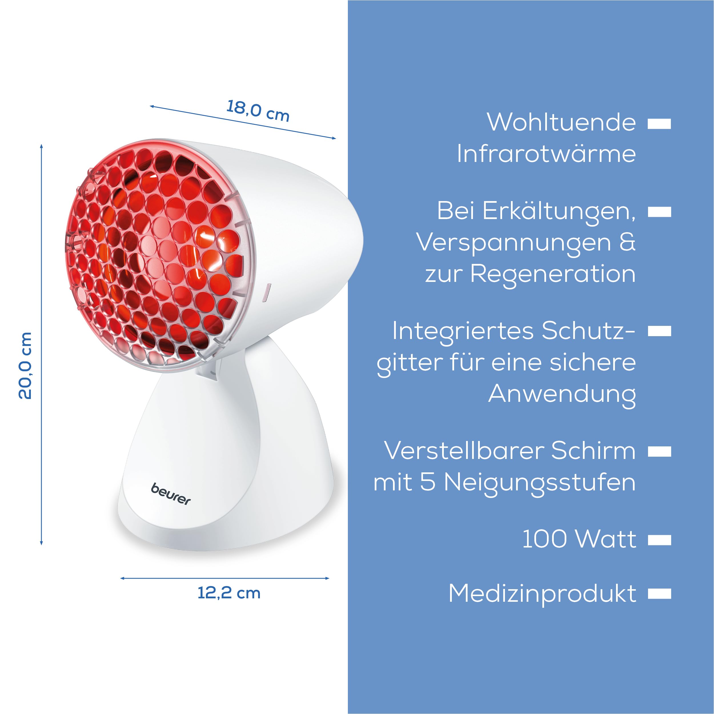 Beurer IL 11 Infrarotlampe mit Schutzgitter, Medizinprodukt mit wohltuender Wärme zur Anwendung bei Erkältung und Muskelverspannung, 5 Neigungsstufen, inklusive Schutzbrille, Weiß
