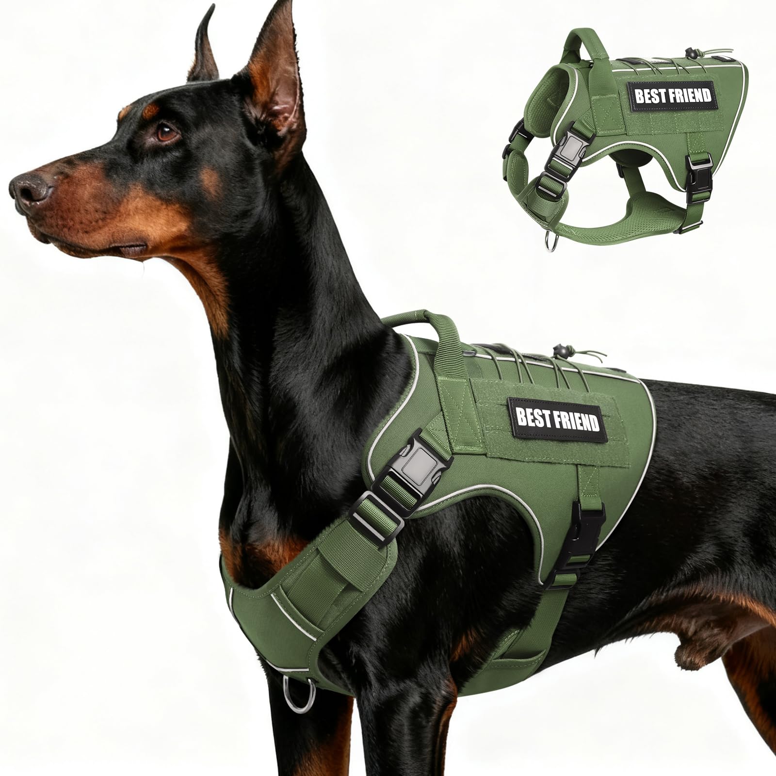 MOOGROU Tactical Dog Harness for Large Dogs, No Pull Military Dog Vest with Handle, Green L