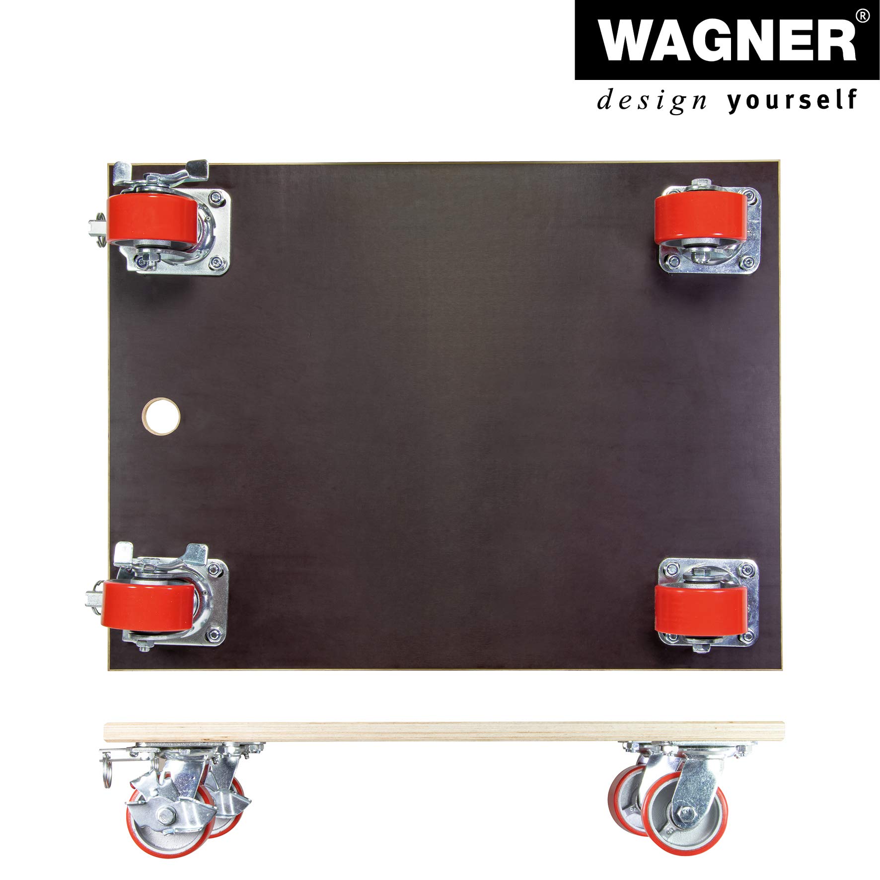 WAGNER Transportroller Transporthilfe 1348 I Schichtholz 24 mm mit Grip 78 x 59 x 16 cm, Tragkraft 1.000 kg I Schwerlastroller für Umzzg, Werkstatt, Handwerk I Softrollen & Bremsen I FSC® I Made in DE