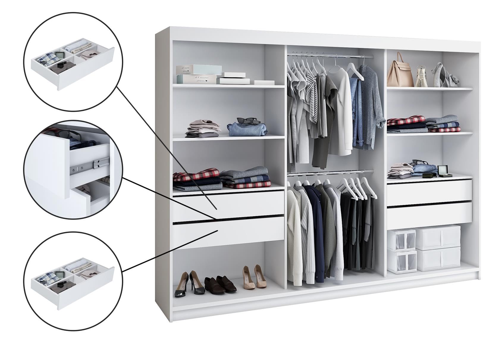 A&J MöbelLand Schwebetürenschrank ORAVELLE Kleiderschrank 3-türig mit Schubladen und Spiegel Garderobenschrank 200 cm (Graphit)