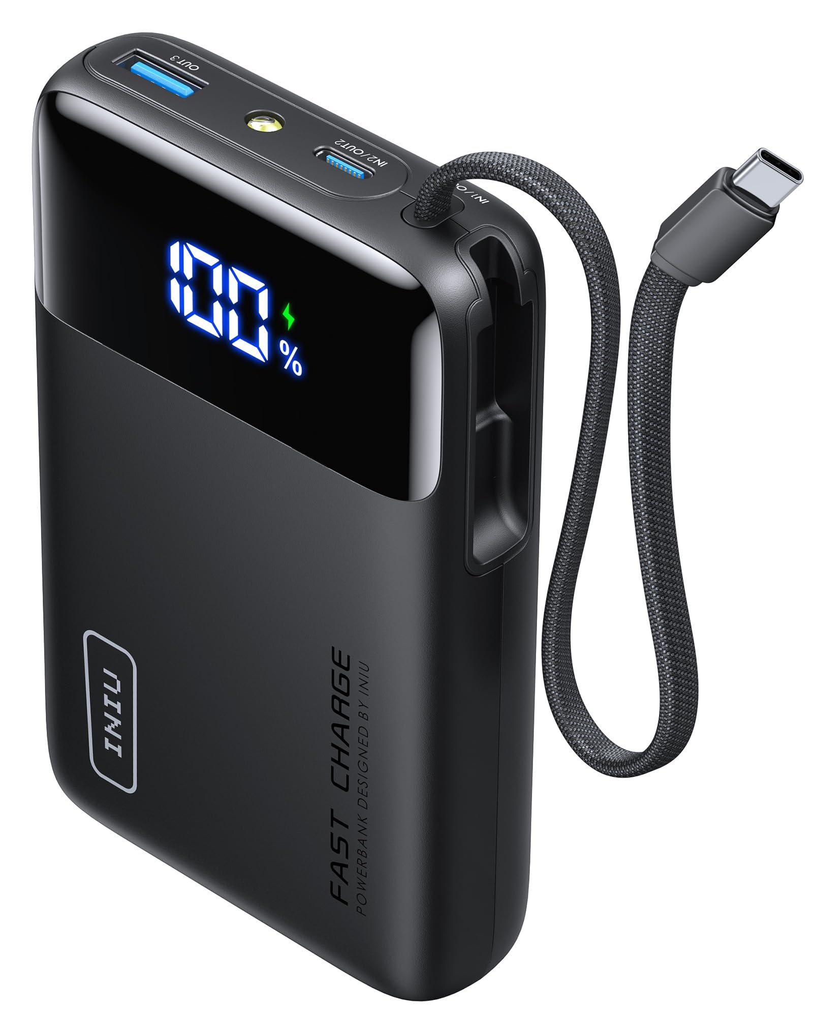 INIU 20000mAh Power Bank, Small Fast Charging 45W Portable Charger, USB C in&out Powerbank with Built in Cable, Travel Battery Pack, Portable Phone Charger for iPhone 17 16 15 Samsung S25 S24 iPad etc