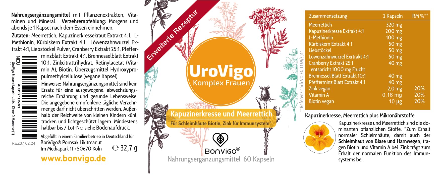 UroVigo FÜR DIE FRAU - Biotin & Vitamin A unterstützen Schleimhäute, Zink das Immunsystem - 8 Pflanzen-Komplex mit Kapuzinerkresse Meerrettich Cranberry Liebstöckel - Mit L-Methionin - 60 Kapseln
