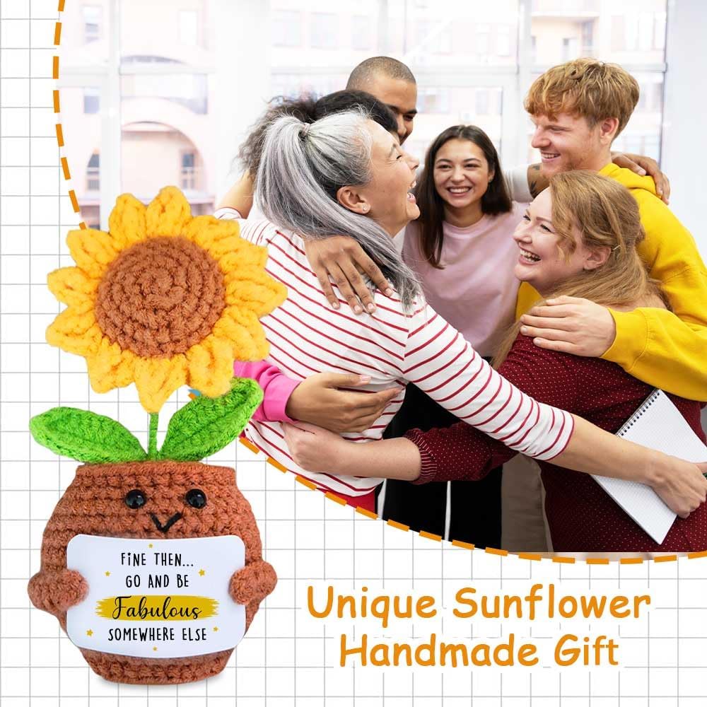 Handmade Positive Sunflower Doll Crochet with Card - Women Coworker Appreciation Gift - Retirement, Farewell, Goodbye, Leaving, Going Away Gift for Coworker - Fine Then and Go Fabulous Somewhere Else