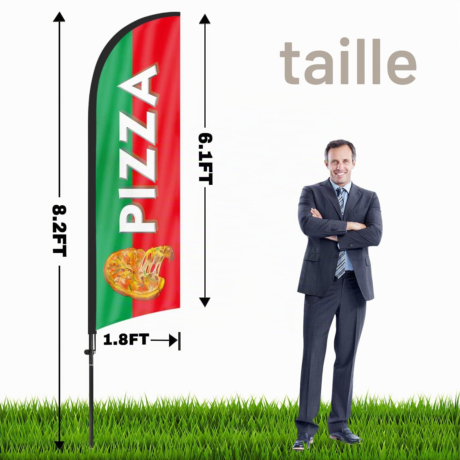 Pizza Plume Drapeau, 8FT Pizza Drapeau Publicitaire avec Kit Poteau, Piquet de Sol, Signs Publicitaire Exterieur Adapté Pour publicité en magasin et Extérieur