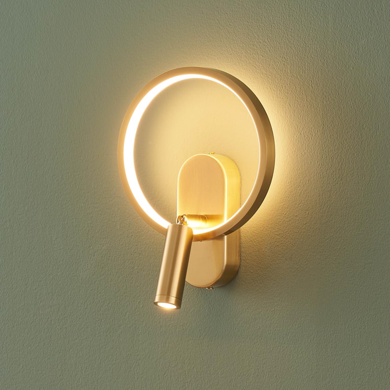 KOSILUM – Aplique dorado doble luz con lector centrado – Lona – Luz blanca cálida iluminación salón dormitorio cocina pasillo – 1650 lm – LED integrado – IP20