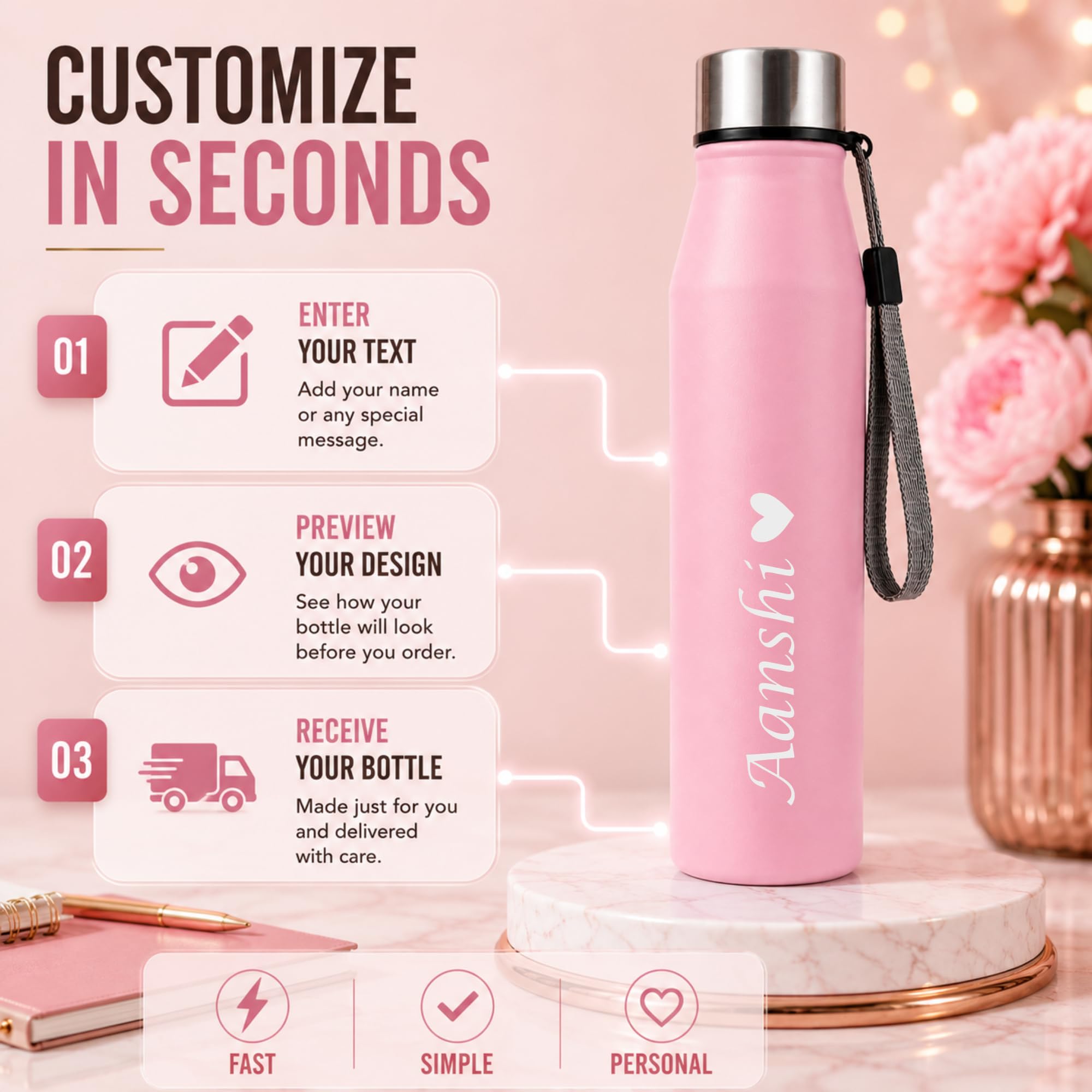 Personalized Name Engraved Water Bottle 1 Litre (Pink)| Custom Laser Engraved Stainless Steel Bottle |Leakproof Water Bottle with Carry Loop for Gym, Office & School |Gift for Kids, Men & Women. — Amazon image 2