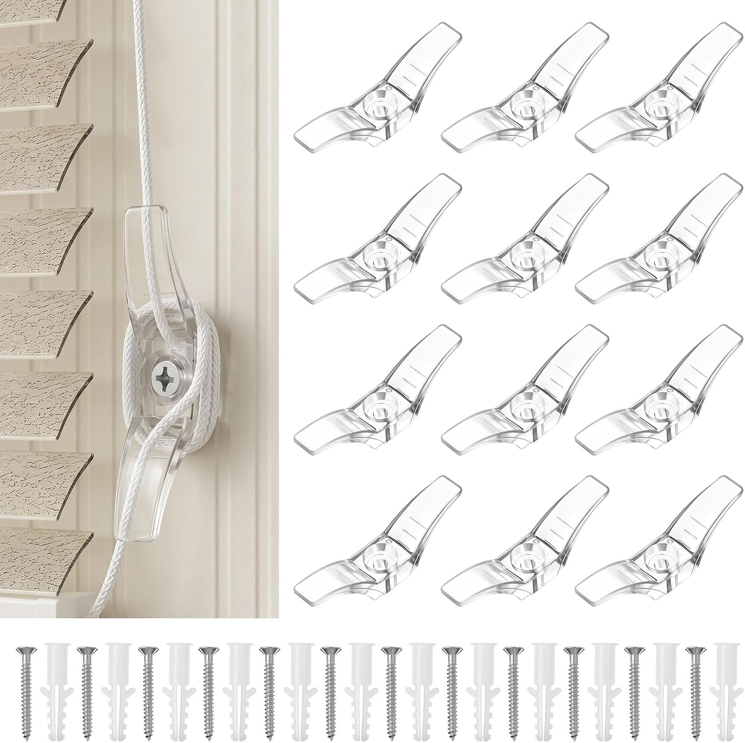 12 Sets Window Blind Cord Cleats, Transparent Blind Cord Holder Safety Cord Cleats for Blinds with Screws for Window Curtains Sun Shades Ropes