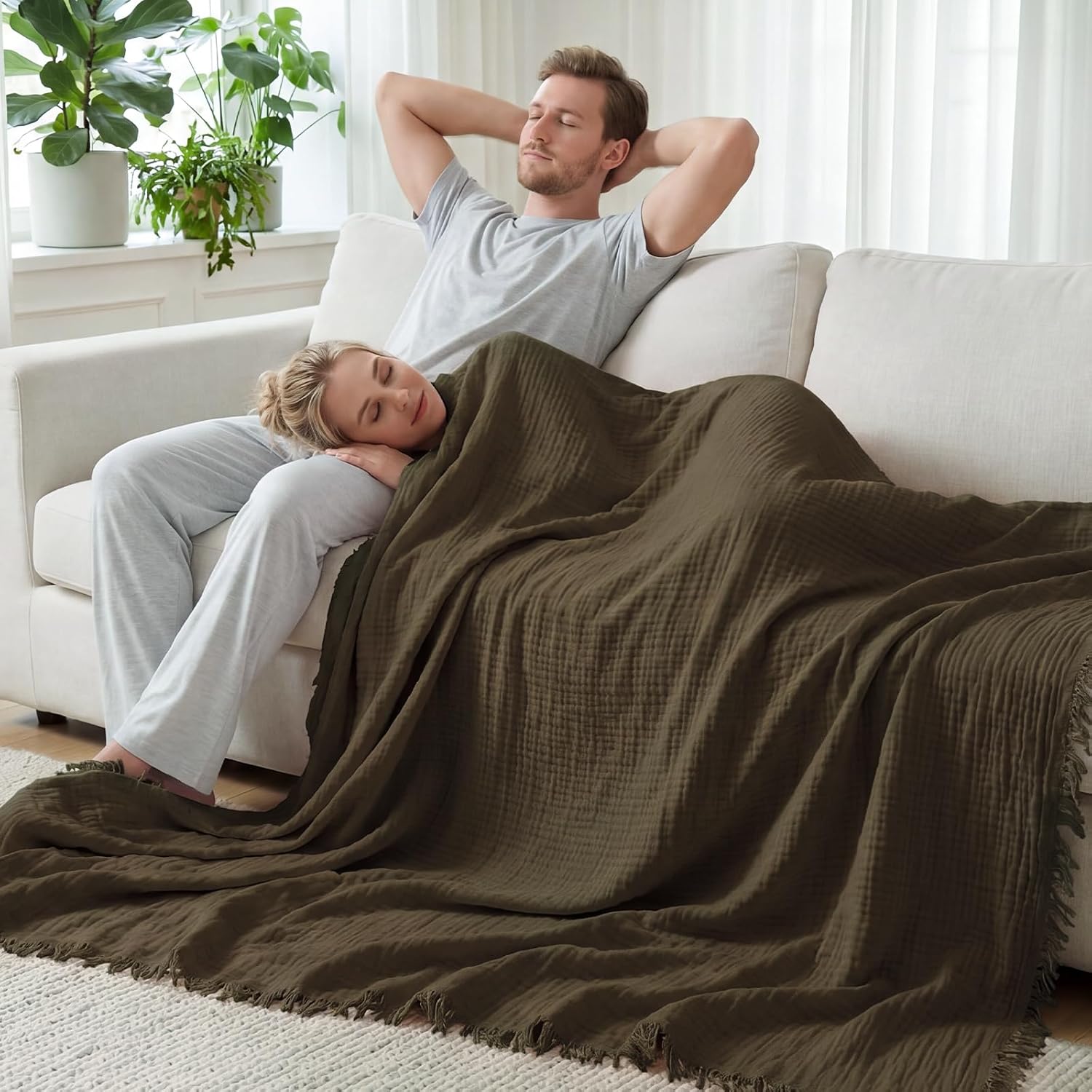 REDKISS 100% Cotton Blanket with Tassels Full Size for Bed, 80" x 90" | Lightweight Breathable for Summer, Soft Cozy Muslin Blanket for Home Decor, Non-Shedding, All Season, Dark Brown