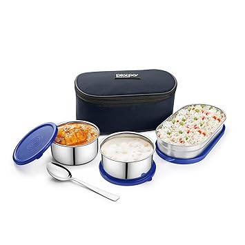 Stainless Steel Double Decker Lunch Box with 2 Round & 1 Oval Air-Tight Containers, Blue, Delight | Compact & Portable