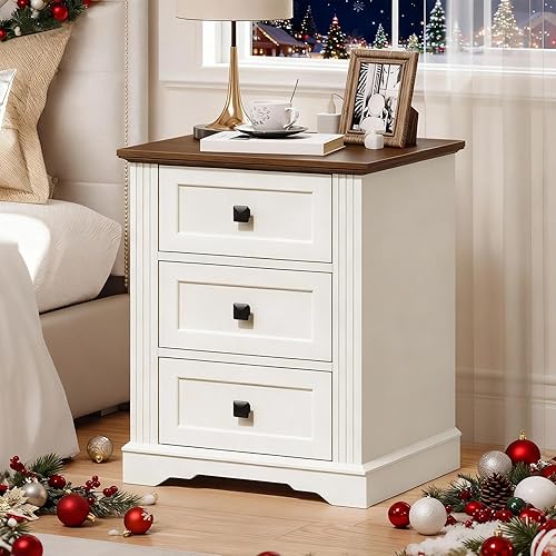 Mesita de noche con 3 cajones, mesa auxiliar de 18 pulgadas de ancho con estación de carga, mesita de noche de granja, mesa auxiliar para
