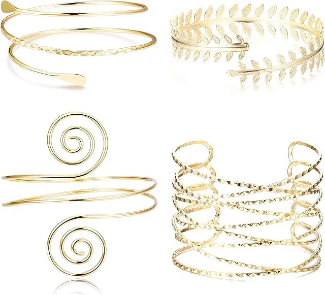 LOLIAS 4Pcs Coil Upper Arm Cuff Bracelet Adjustable Armband for Women Smooth Open Victorian Filigree Swirl Boho Wrist Wrap Minimalist Leaf Bangle Bracelet