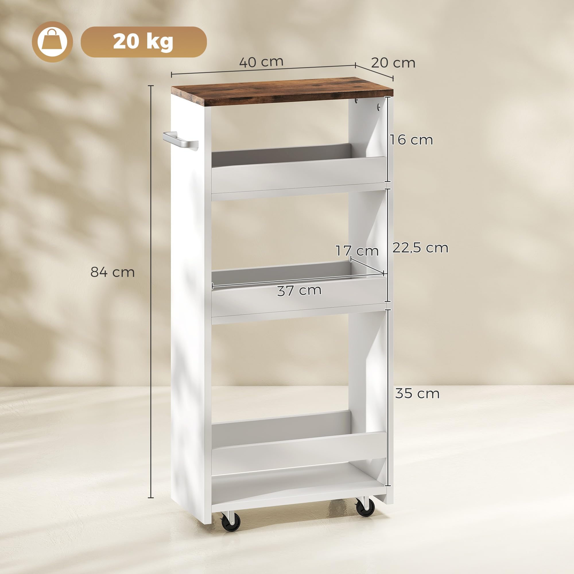HOMCOM Carrito de Cocina Estrecho 3 Niveles con Ruedas 40x20x84 cm Blanco | Asa Lateral, Carro de Cocina Rodante, para Espacios Reducidos, Comedor o Salón