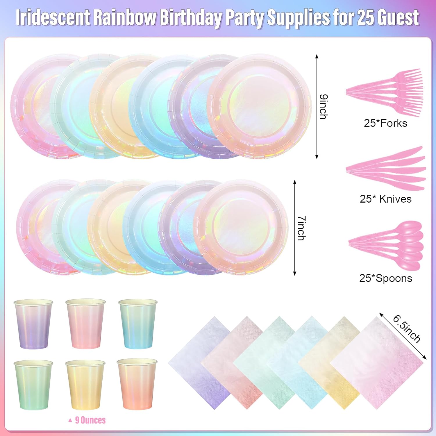 Iridescent Pastel Plates and Napkins Serve 25, Pastel Rainbow Holographic Party Plates Supplies, Disposable Paper Plates Napkins Cups Knives Forks for Birthday Wedding Baby Shower Party Decorations - Image 2