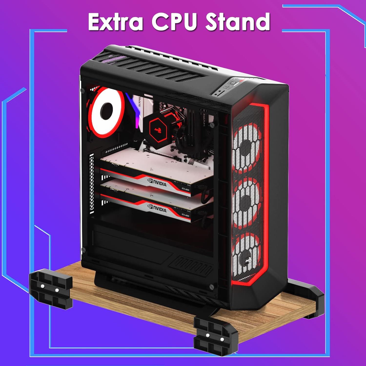 Image of a gaming PC tower placed on the extra CPU stand provided with the soges L-shaped desk.