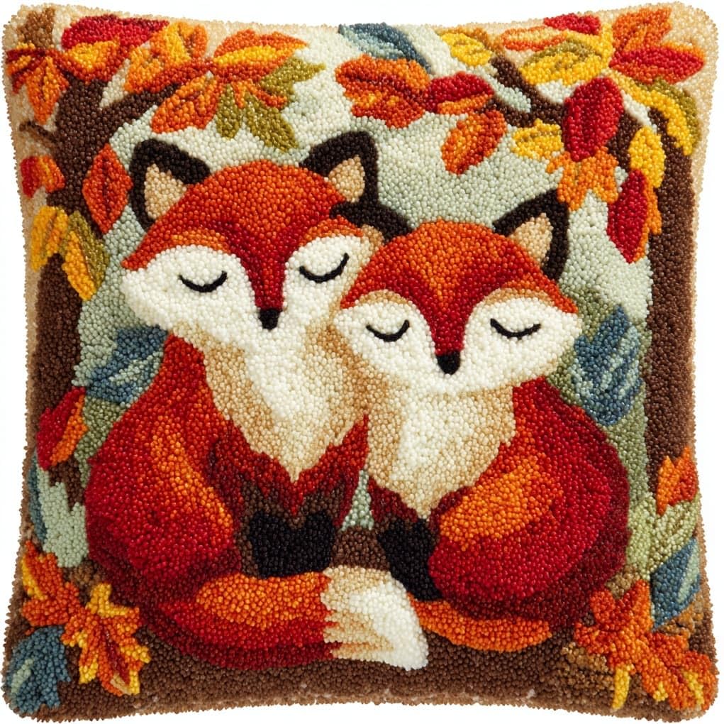 WallustrioaW DIY Latch Hook Kits for Adults,Forest Little Fox,Pillow Cover Kit Needlework Cushion Cover Hand Craft Crochet for Home Sofa Decorations,17x17in