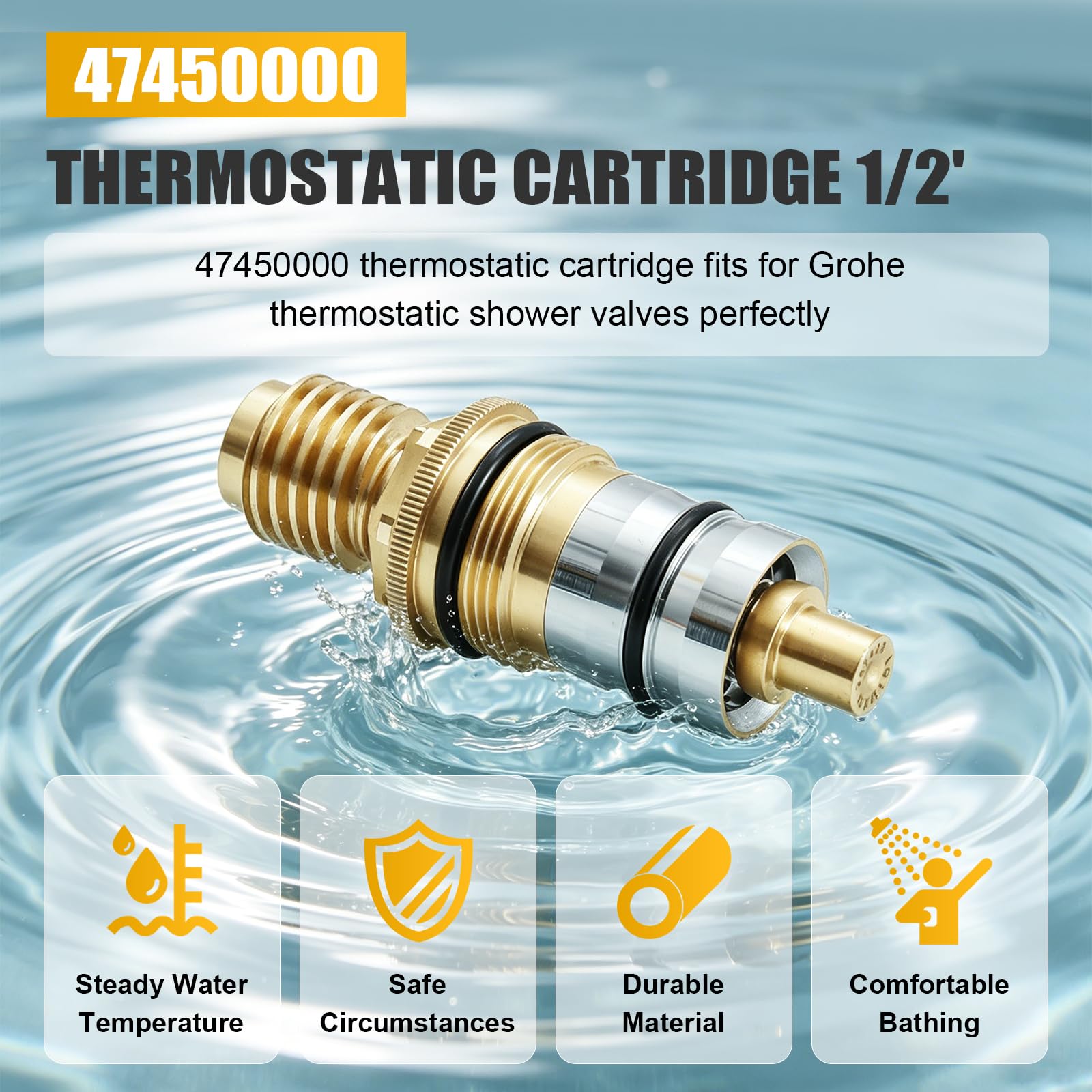 47450000 Cartouche Thermostatique 1/2 Pouce, Unité de Régulation de Température en Laiton, Remplacement pour Mitigeur Grohtherm 1000/3000 & Automatic 2000