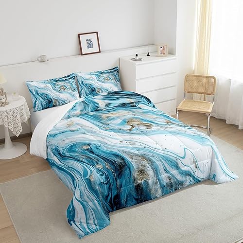 Miniatura 4 de Erosebridal Edredón de mármol azul y blanco, ropa de cama de lentejuelas doradas, juegos y colecciones de ropa de cama con patrón geométrico de