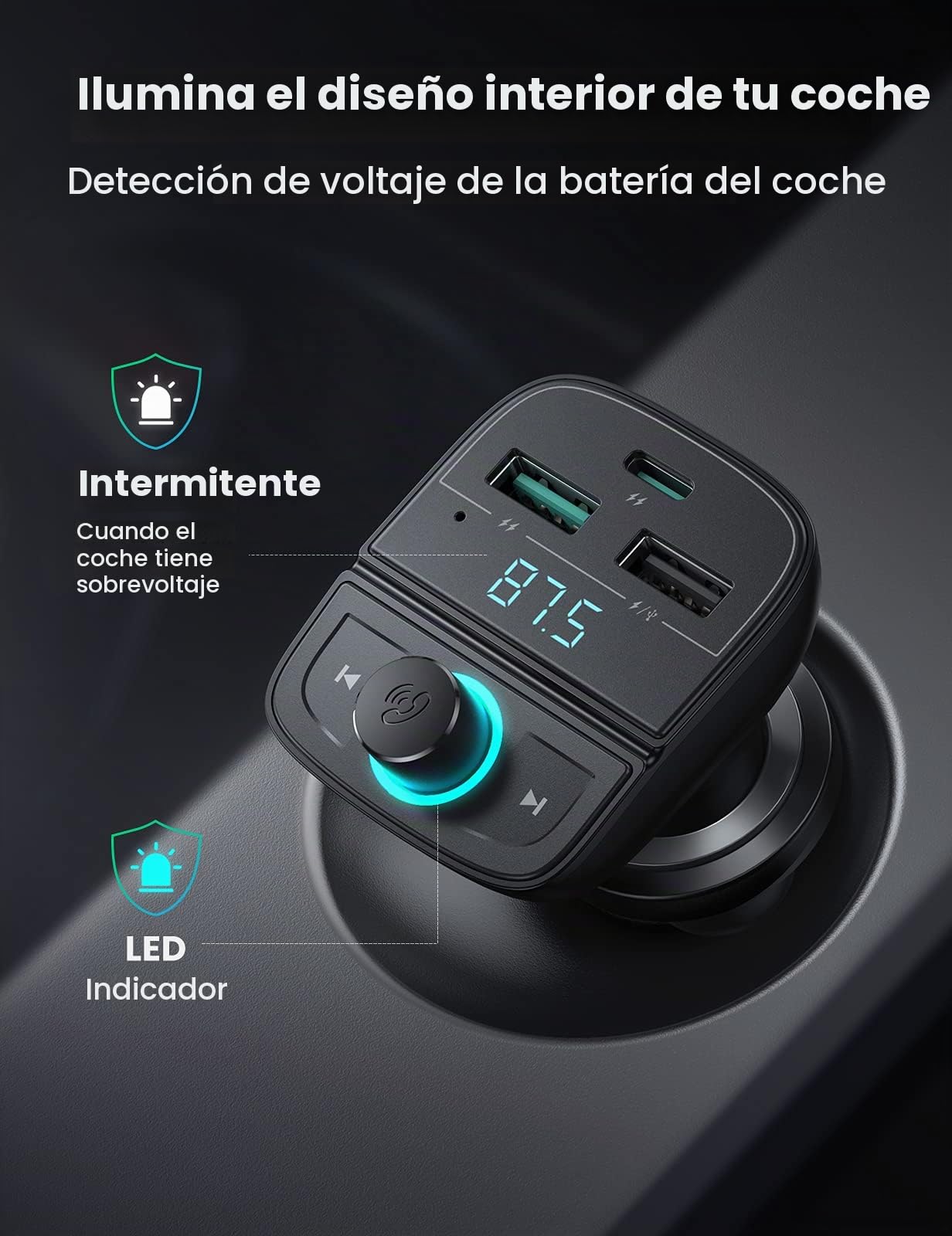 UGREEN Transmisor FM Bluetooth 5.0 Adaptador Bluetooth FM Cargador de Coche PD 20W y Quick Charge 3.0, Adaptador de Radio Inalámbrico Reproductor MP3 con LED LUZ Soporta Tarjeta TF y USB Disk