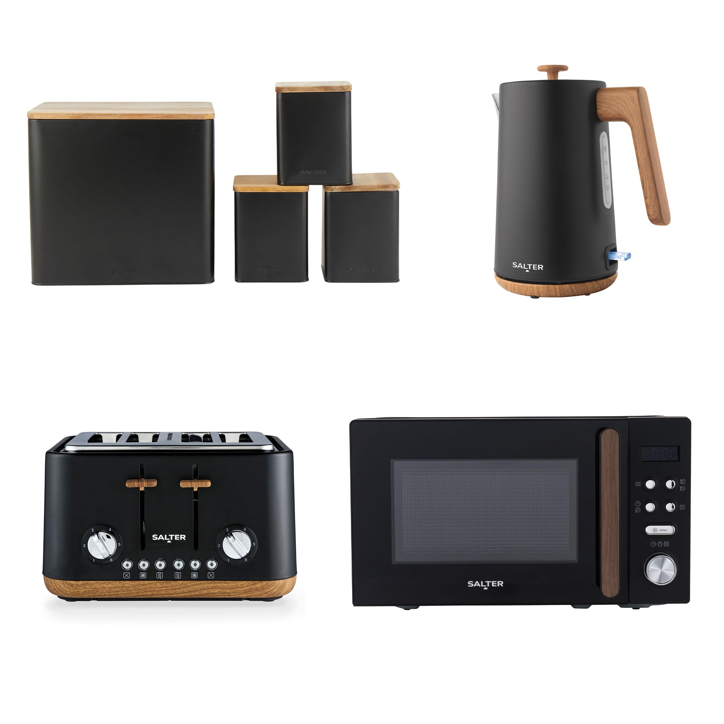 Salter Toronto 7-Piece Countertop Set - Kitchen Set with 20L Digital Microwave, 1.7L Kettle, 4-Slice Toaster, Tea, Coffee & Sugar Canisters, and Bread Bin, Black/Wooden Accents