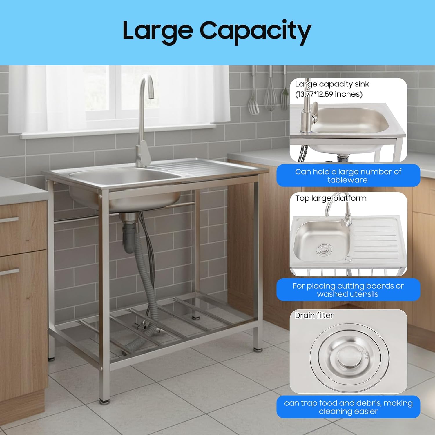 Utility Sink, Portable Hand Wash Station, Free Standing Single Bowl Kitchen Bowl, Metal Wash Tub with Hot and Cold Faucet, Outdoor Sink Station for Restaurant Cafe Hotel