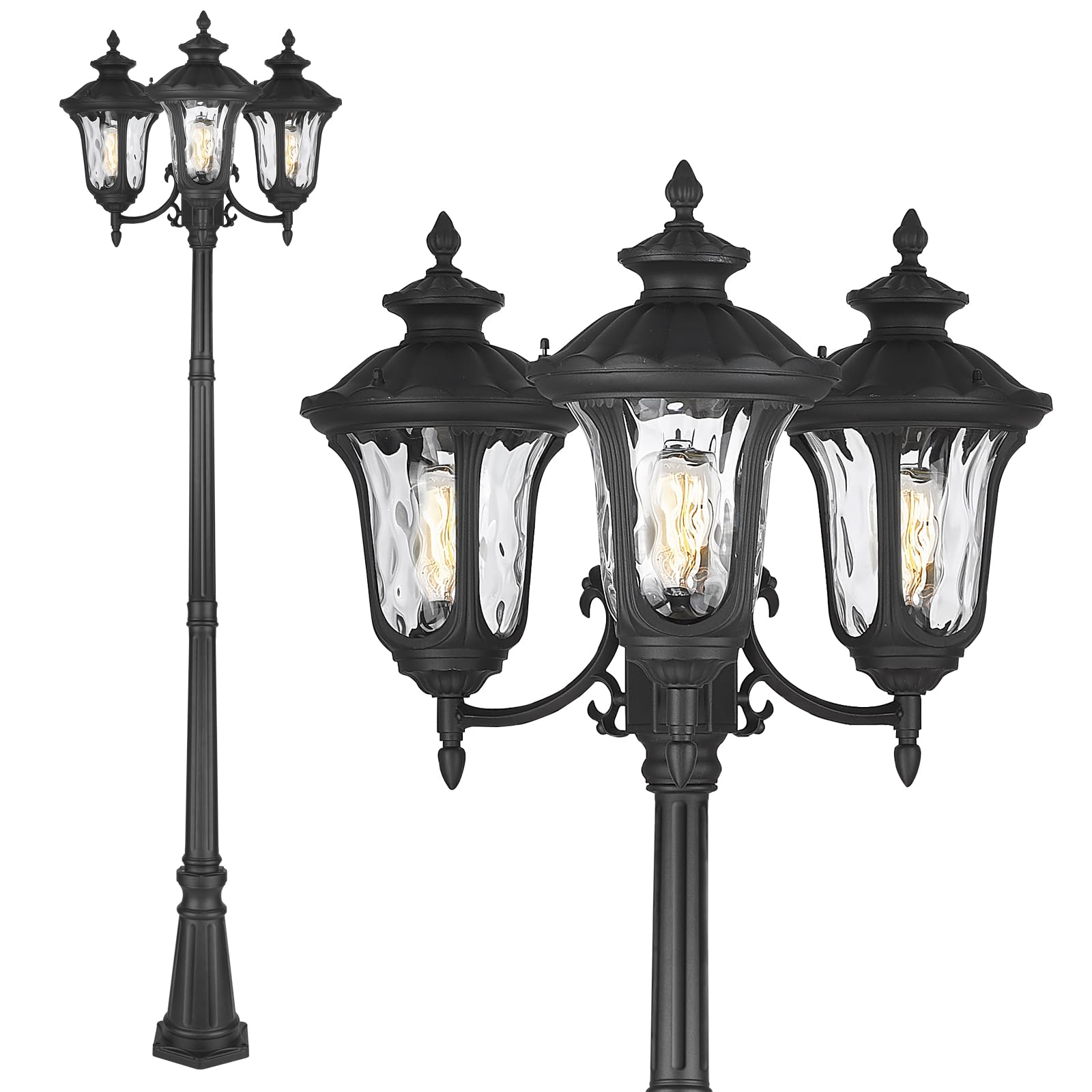 Luminzone Outdoor Lamp Post Light 3-Head Water Ripple Glass 90.5