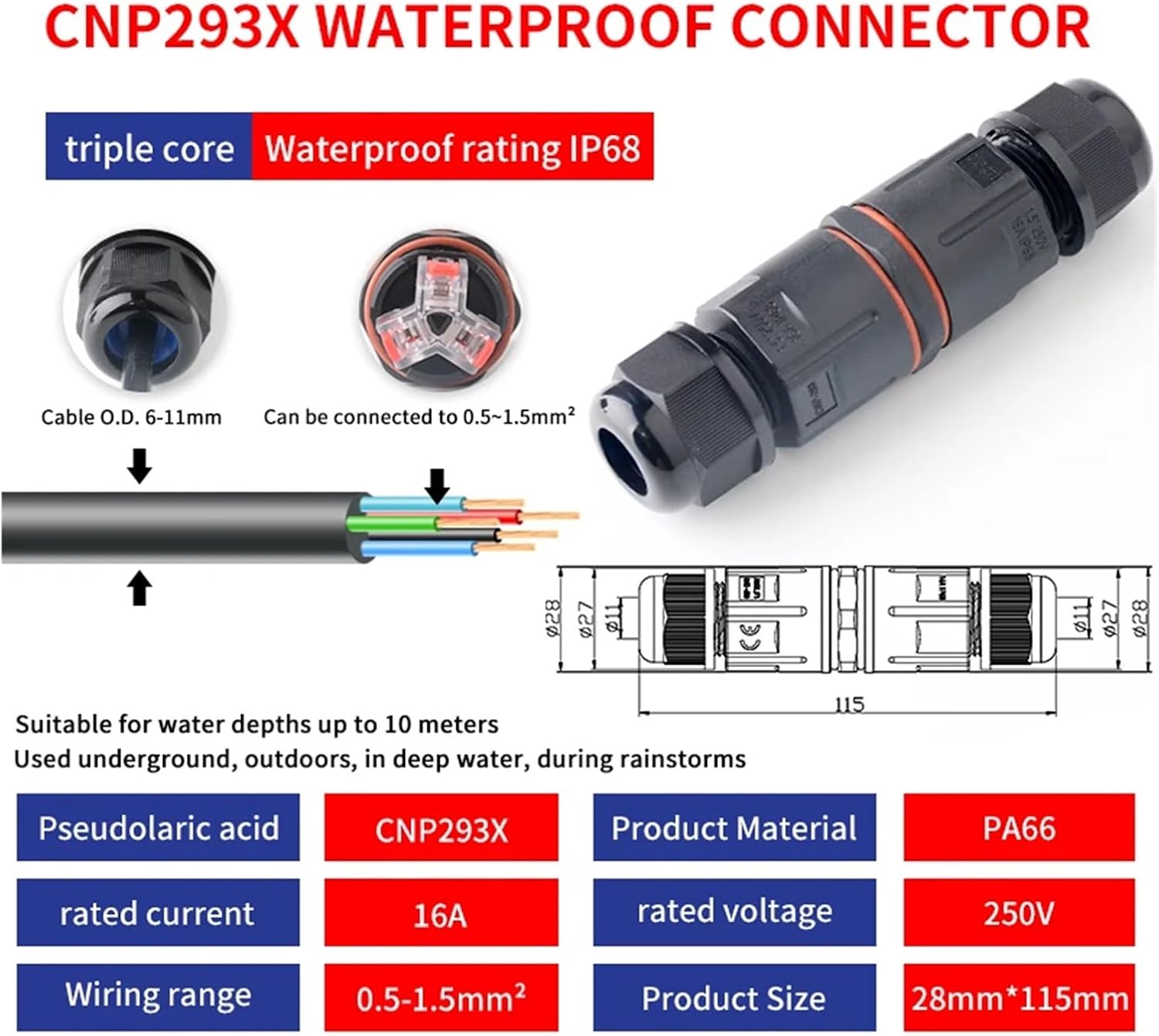 IP68 Waterproof Connectors CNP 29x Joint Cable Quick Screwless Terminal Bolcks Lamp Wiring Outdoor Rainproof 450V(CNP293X(3Pins))