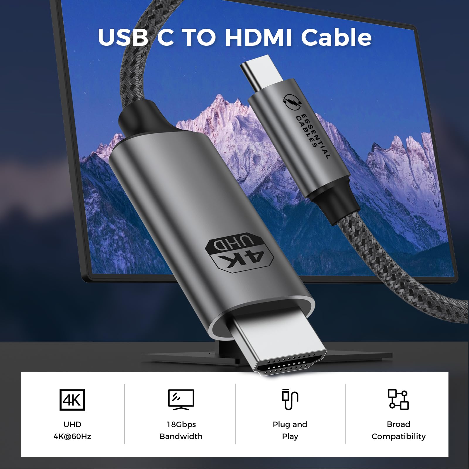 Cavo Uni USB-C A HDMI 4K | 1.8m | Risoluzione 4K@30Hz | Schermo Esteso O Specchiato | Compatibile Con Thunderbolt 3/4, IPhone 15 Pro, MacBook, IPad, Samsung, Dell