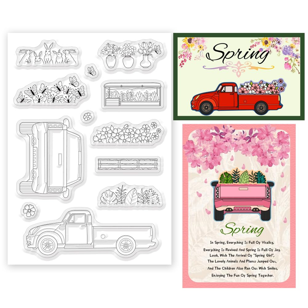 INFUNLY Car Clear Stamps for Card Making Flower Rubber Stamp Butterflies Rabbits Transparent Stamps Flower and Grass Potted Plants Silicone Seal for DIY Scrapbooking Photo Album Journaling Craft Decor