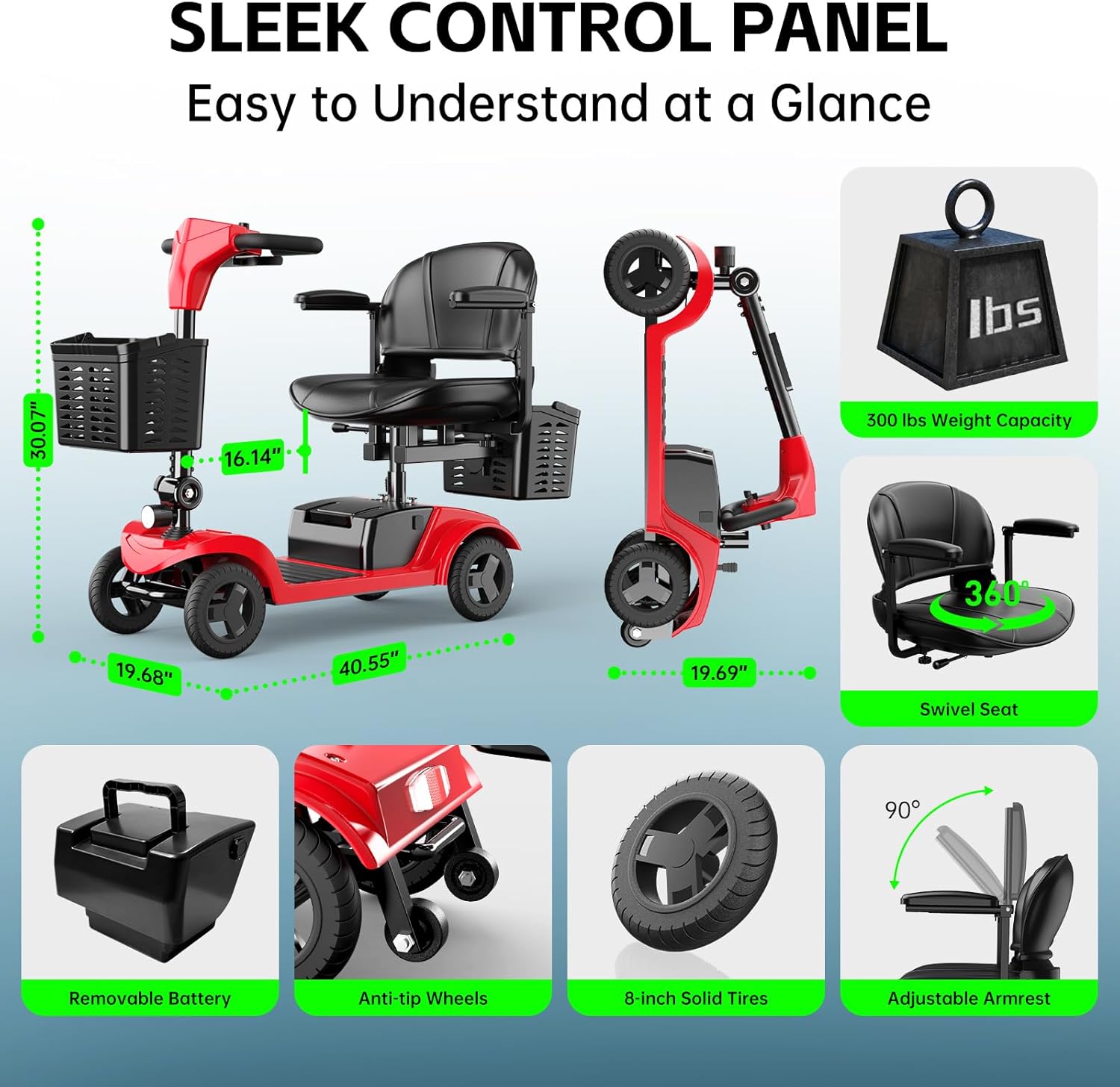 Mobility Scooter for Seniors,Motorized Scooter,Electric Scooter for Adults 300 lbs,Detachable Battery,Dual Baskets and Rear Tail Lights(Red)