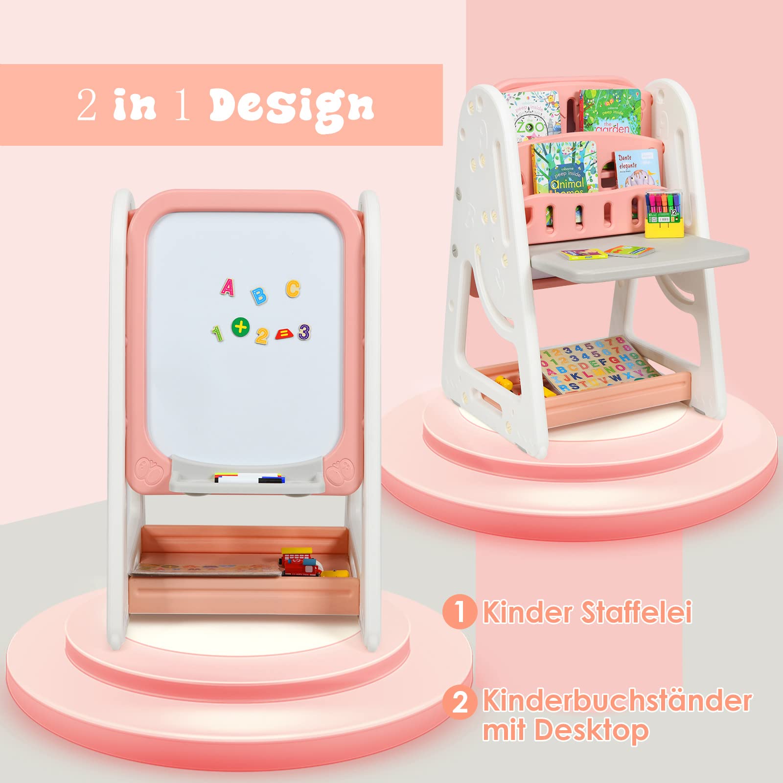 COSTWAY 2 in 1 Kinder Staffelei & Kindersitzgruppe mit Bücherregal, Kindertisch & -stuhl mit Aufbewahrungsablage und klappbarer Tischplatte, Standtafel mit Malzubehör (Orange)