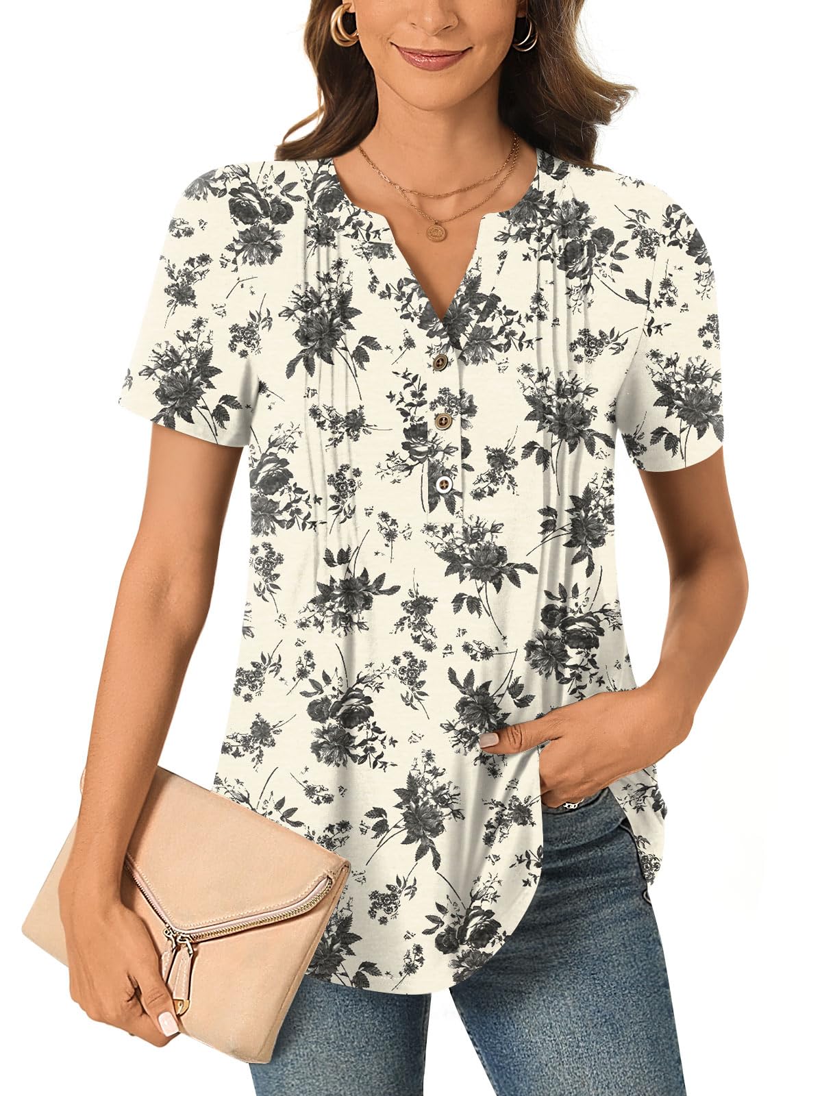 Bestbee Womens Summer Tops Short Sleeve Tunics Dressy Casual Blouses Henley Neck Button-Down Shirts