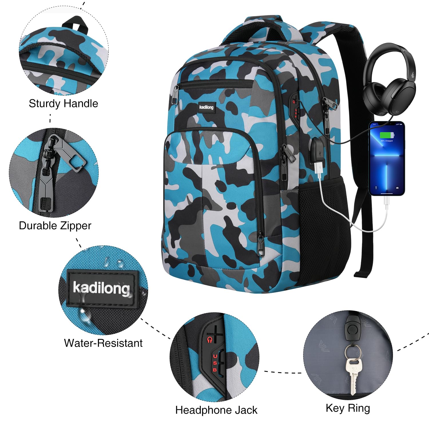 kadilong Zaino scolastico per ragazzi e adolescenti, cartella per scuola, università, zaino laptop da uomo per lavoro con USB per viaggi business, notebook