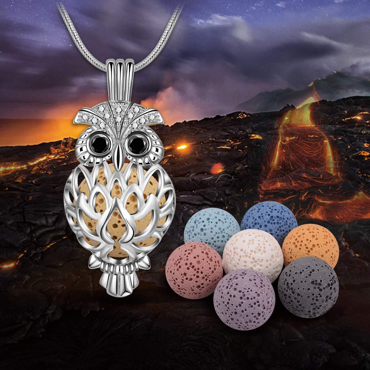 EUDORA Harmony Ball Collana Aromaterapia Ciondolo con Oli Essenziali per Donna, Collana con Diffusore Regalo di Gioielli per Ragazze con 7 Pezzi di Pietra Lavica, 24 Pollici