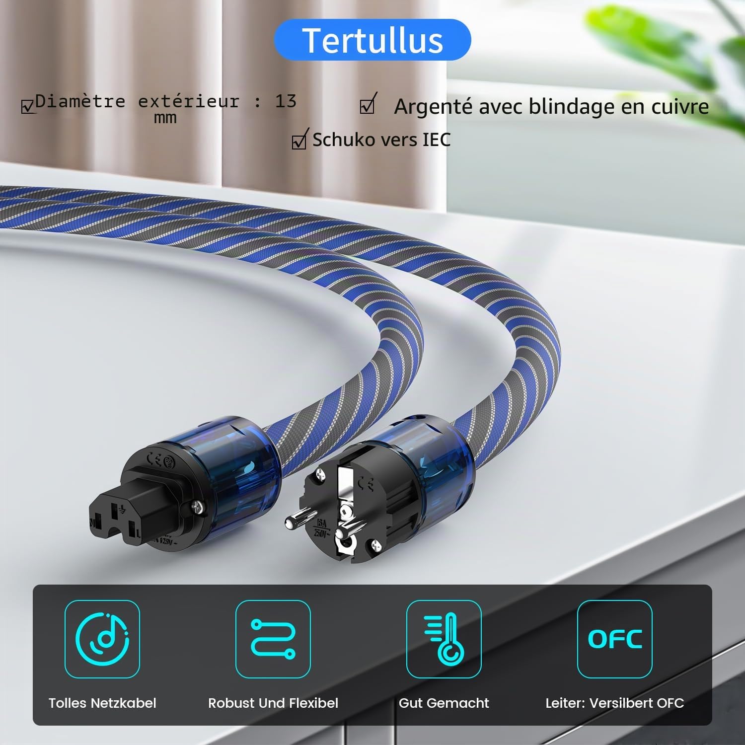 Tertullus Câble d'alimentation HiFi High End C15 câble d'alimentation audio HiFi avec prise Schuko et connecteur de dispositif froid (P037, rouge gris bleuté, 2 m)