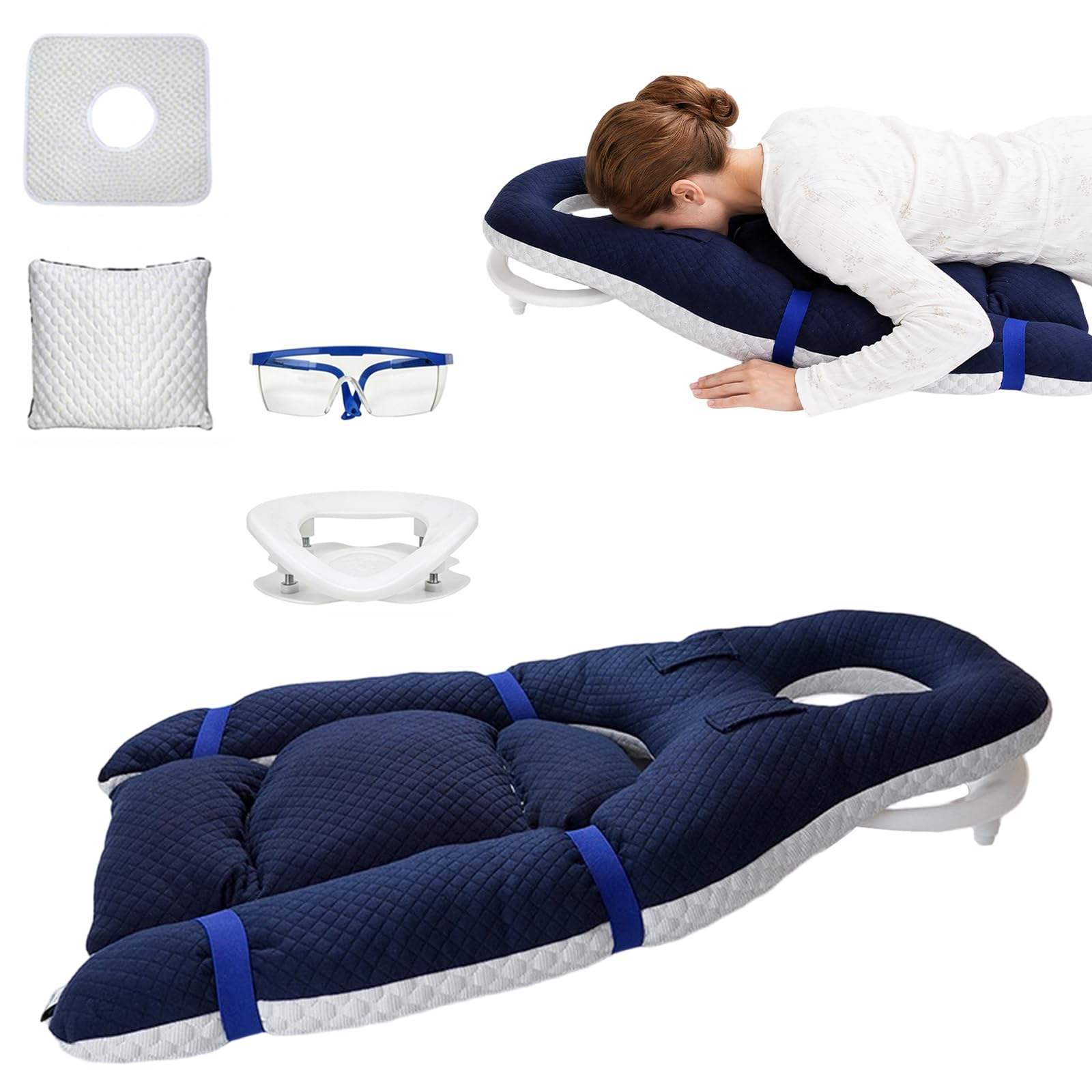 Bauchschläferkissen mit Kopfloch, Face Down Recovery Pillow für Retina- & Augen-OP, Piercing Kissen mit Atemöffnung Weicher Flanell & Samtfüllung für Bauchlage (Marineblau)