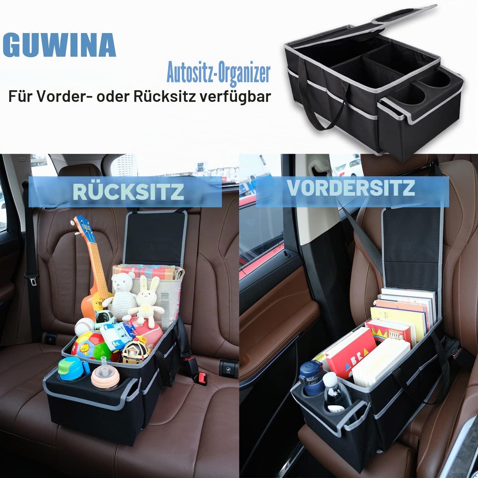Auto Organizer für Vorne und Rücksitz, Klappbar, mit Fächern und Deckel - Beifahrersitz und Kinder (Schwarz)