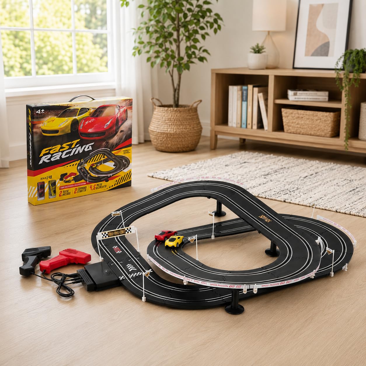 Circuito de carreras de 4,5 metros, pistas de carreras, dos coches, pistas eléctricas, control remoto, circuito eléctrico de carreras, dos coches y controlador (A)