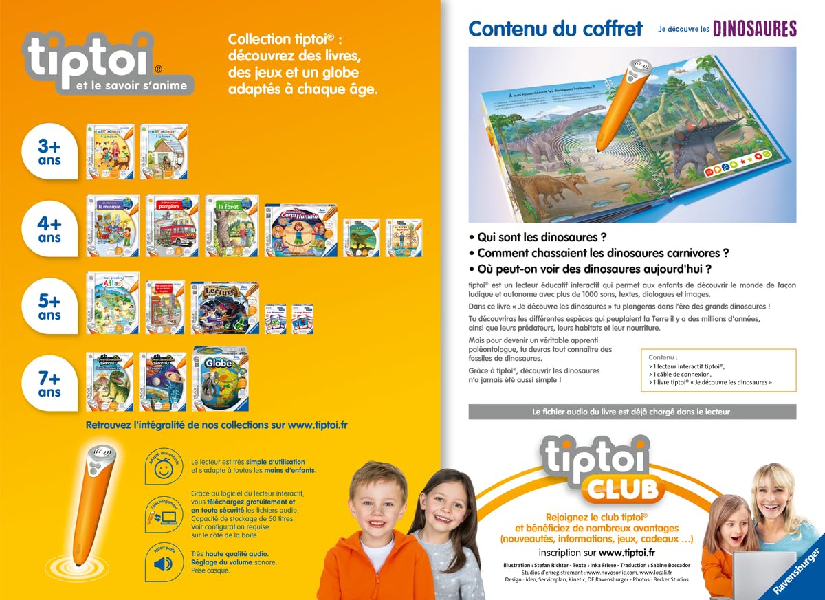 Ravensburger - tiptoi®- Kompletny zestaw czytników interaktywnych + książka I Discover Dinozaury - Elektroniczna gra edukacyjna, bez ekranu - od 4 lat - wersja francuska - 00 143