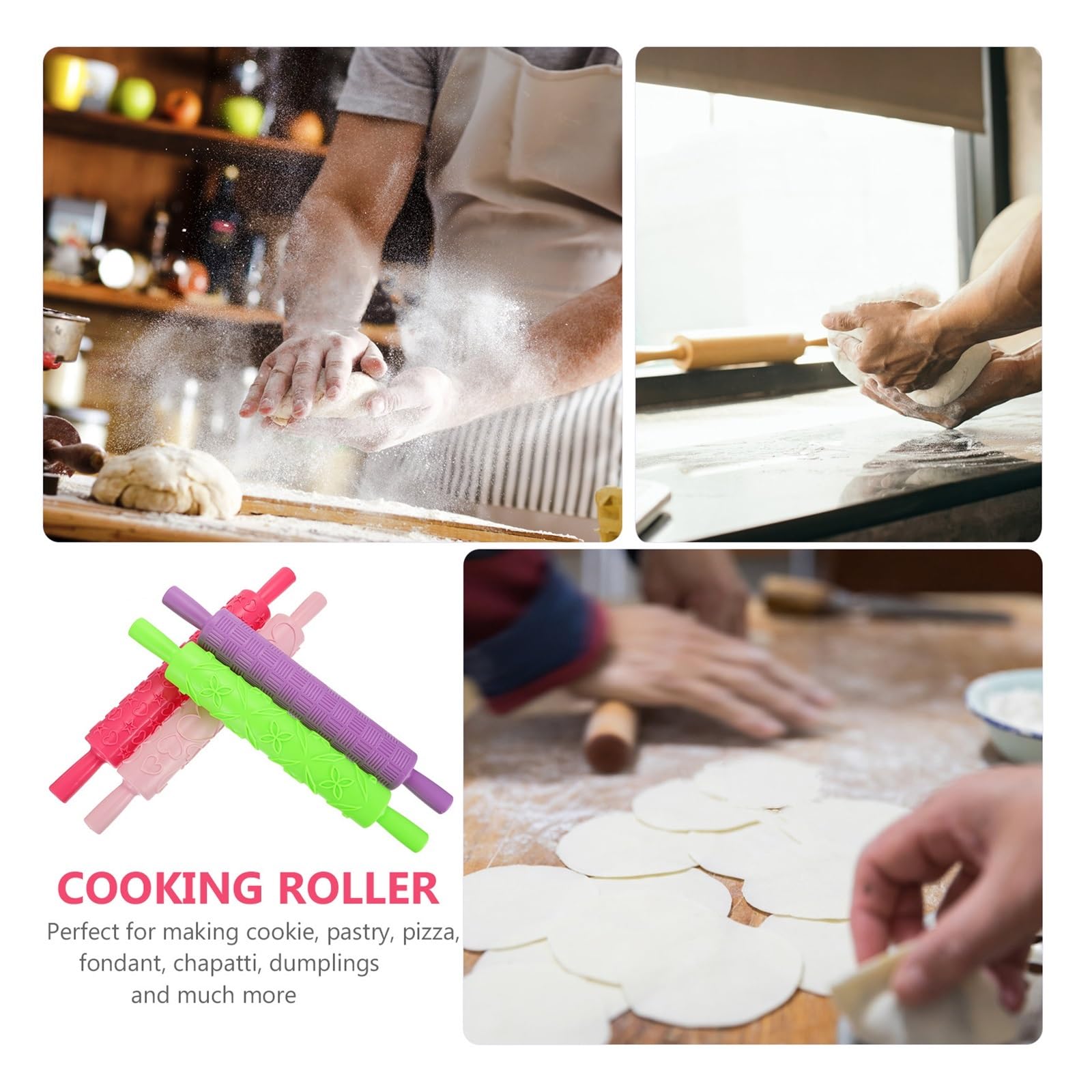 Juego de 4 rodillos plástico con relieve for hornear galletas, pizza, pasteles, fideos y manualidades. Ideales for fiestas cocina