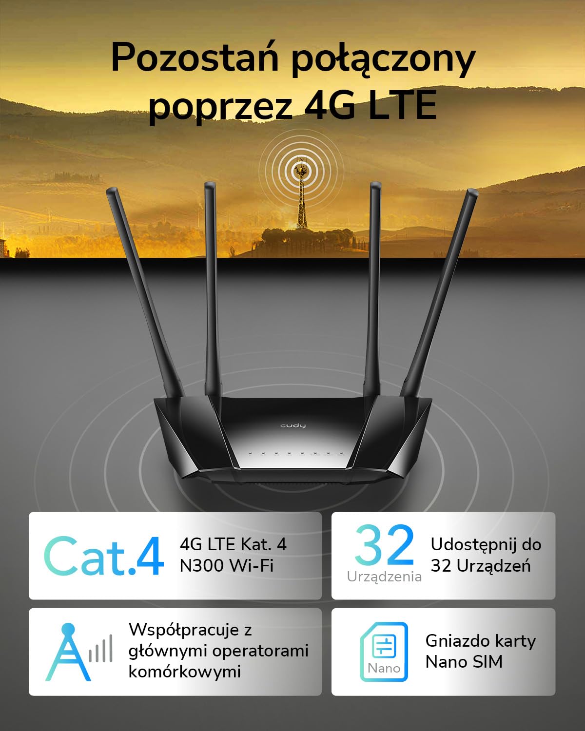 Cudy 4G LTE, router SIM N300, router WLAN, 300 Mbit/s WLAN, gniazdo kart SIM dla każdego operatora FDD i TDD, DDNS, PPTP/L2TP VPN, LT400