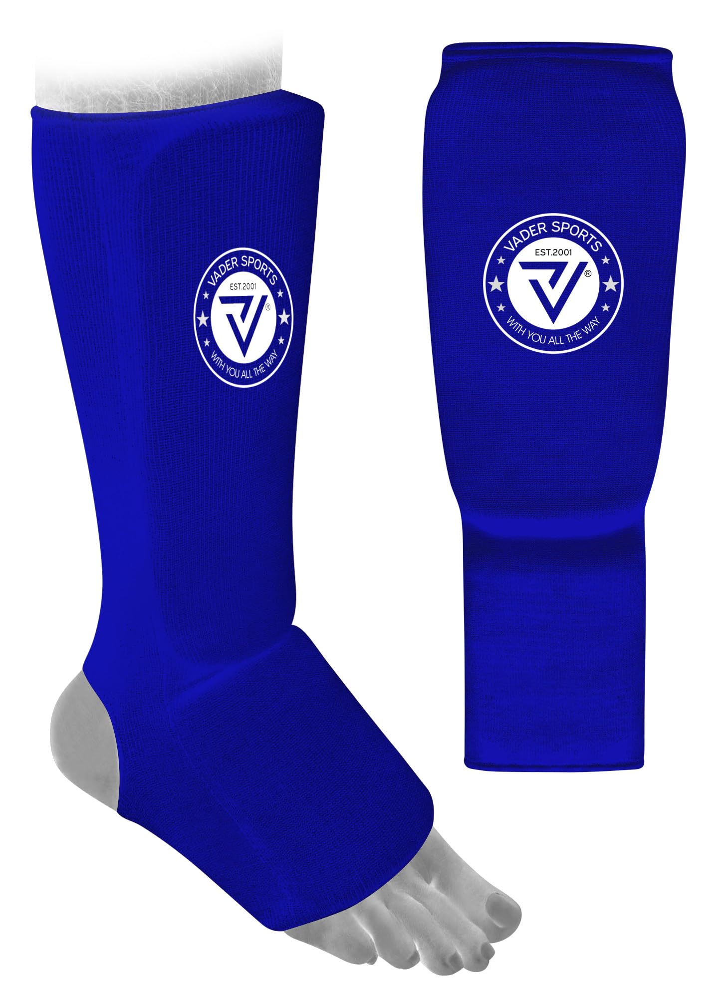 VADER Elasticated Shin Instep Pads Kickboxing MMA Muay Thai Shin Guards Protective Leg Foot Pad for Karate Taekwondo Martial Arts Training Sparring Boxing Shin Guard Kids/Adults (Large/Adult, Blue)