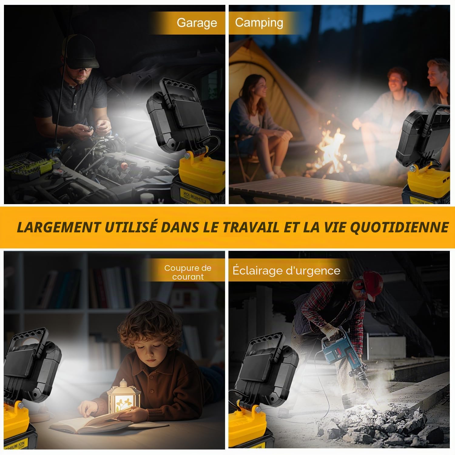 Lampe LED sans fil pour batterie Dewalt 20 V max (pas de batterie), projecteur LED 35 LED, projecteur de chantier, lampe de garage 105 W, lampe de travail avec double port de charge USB
