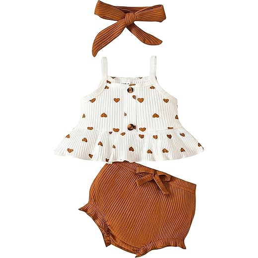 VARMILO Toddler Girl Outfit Set,Soft Ribbed Heart Print Sleeveless Cami Top,Ruffled Shorts & Bow Headband for Baby Girls