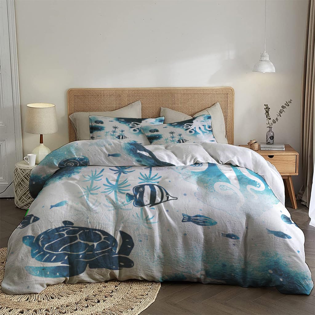 NIBAINLO 布団カバー水彩画 海洋動物 肌に優しい ピーチスキン加工 掛け布団カバー 和式 洋式 あったか 布団カバーセット リバーシブル ホームステイ ホテル 家庭兼用
