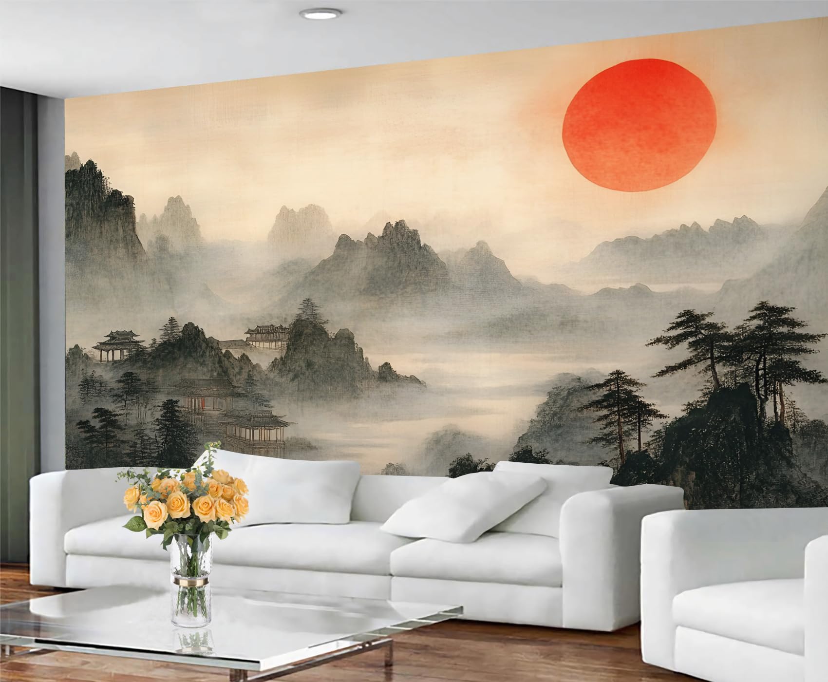GIVLWF Landscape Wallpaper, Mountain Sunset Peel and Stick Wallpaper for Bedroom, Renter Friendly Wall Paper for Living Room, Oriental Asian Wall Mural - Large Home Decor 400x280 cm — image 1